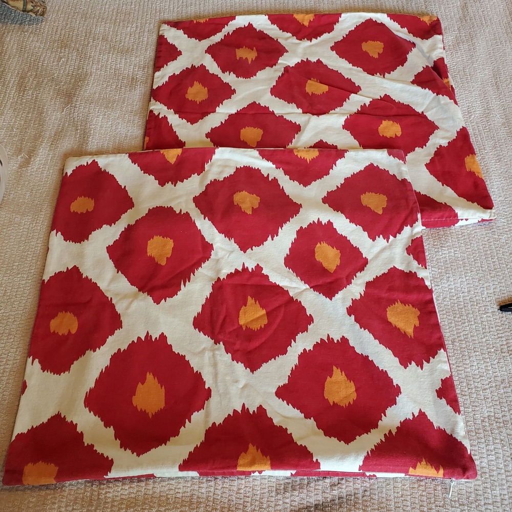 Pottery Barn Red Orange Ikat 20x20‎ Cotton Pillow Covers Set of 2 Hidden Zipper